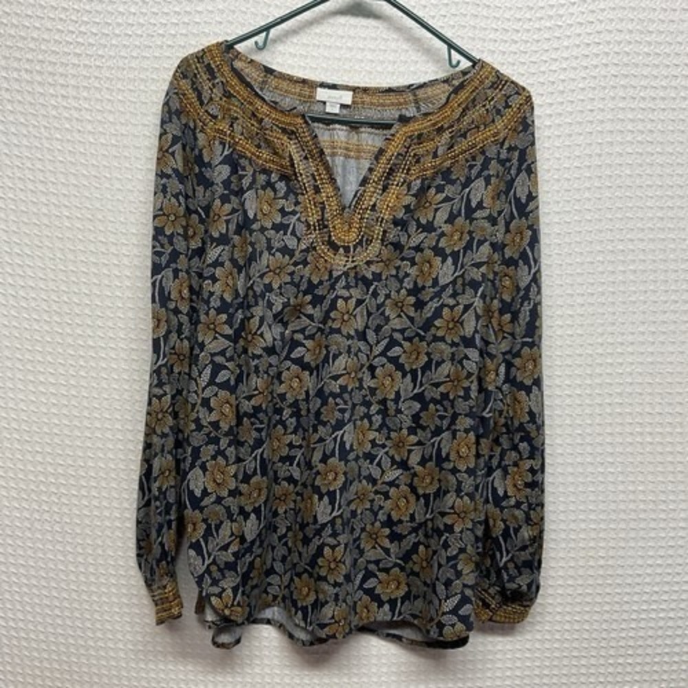 NWOT J. Jill Embroidered Navy/Gold Boho Peasant Blouse Tunic Women Large India